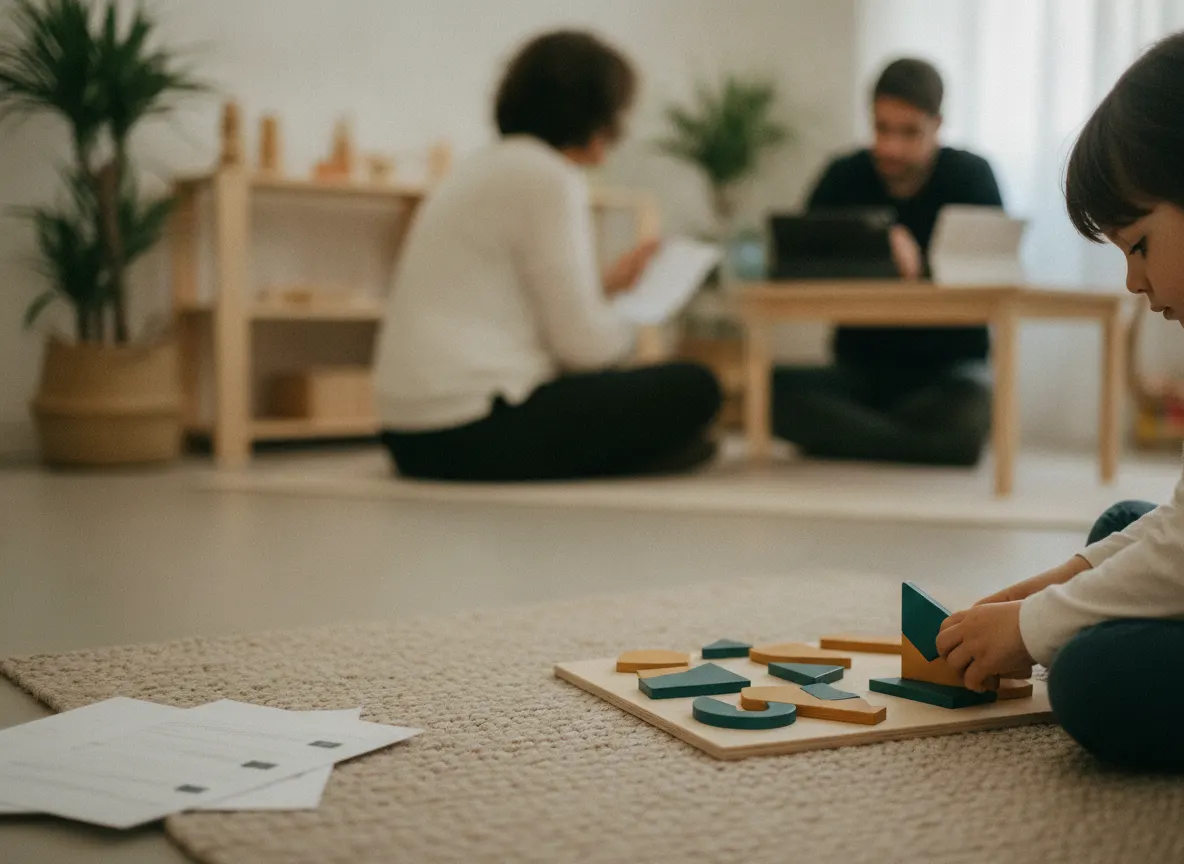 Des mains d'enfant qui assemblent un puzzle géométrique en bois sur un tapis au Centre de Santé Novadev, Paris 2e — bilan TSA pour les familles de Courbevoie