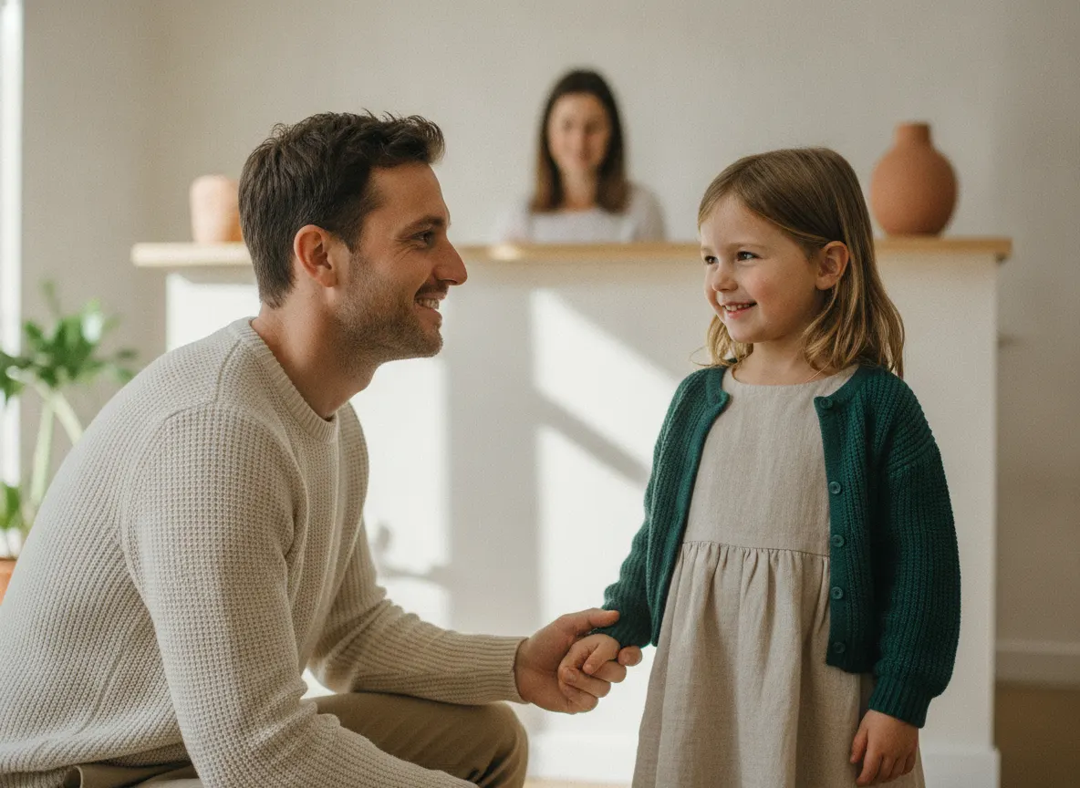 Un père et sa fille, debout, dans une pièce lumineuse du centre Novadev