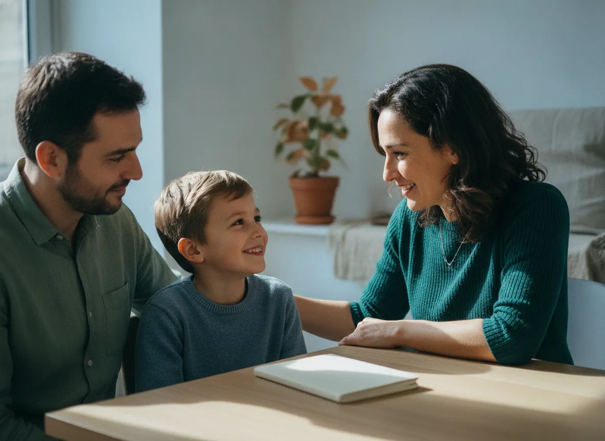 Un père, son fils et une médecin échangent autour d'une table pendant une consultation