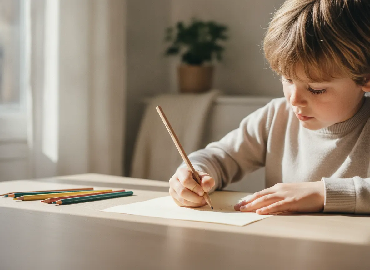 Un enfant écrit à une table, crayon en main, pendant une évaluation du langage écrit