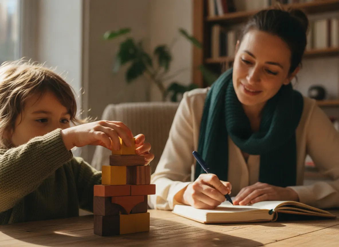 Un enfant empile des cubes de couleur devant une neuropsychologue qui prend des notes