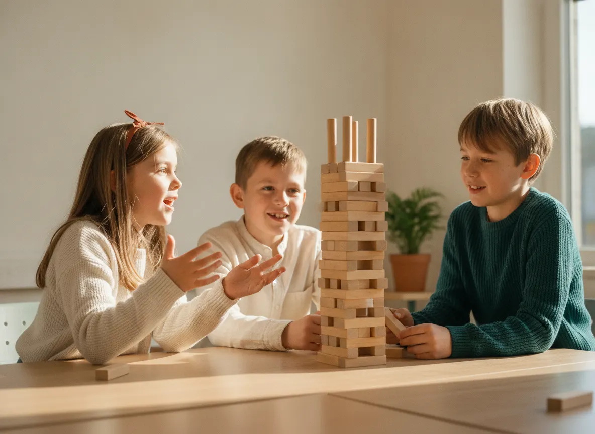Trois enfants construisent ensemble une tour de planchettes en bois et échangent leurs idées