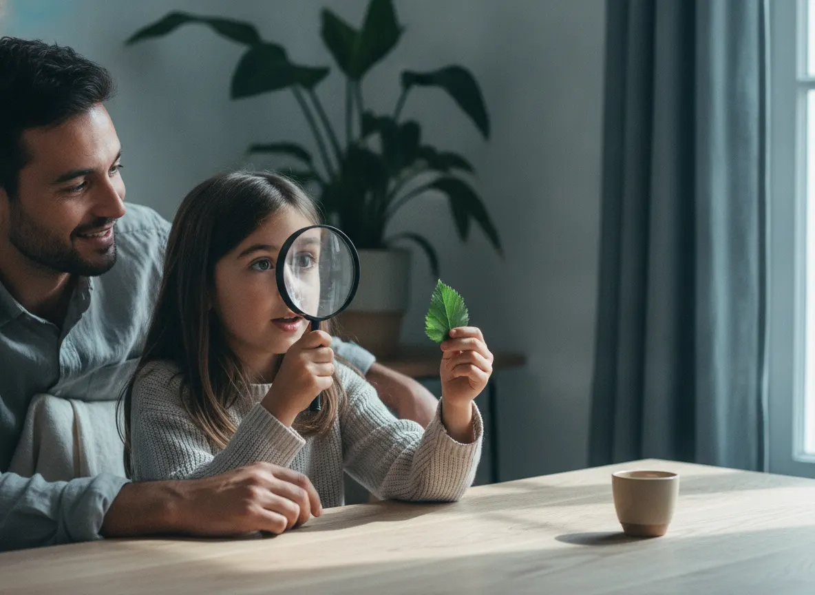 Une fillette observe une feuille à la loupe, fascinée, à côté de son père