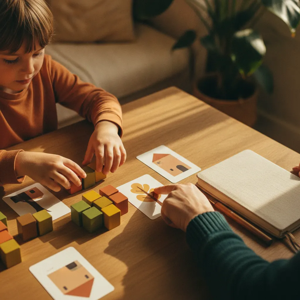 Un enfant manipule des cubes et des cartes illustrées sur une table, face à une professionnelle