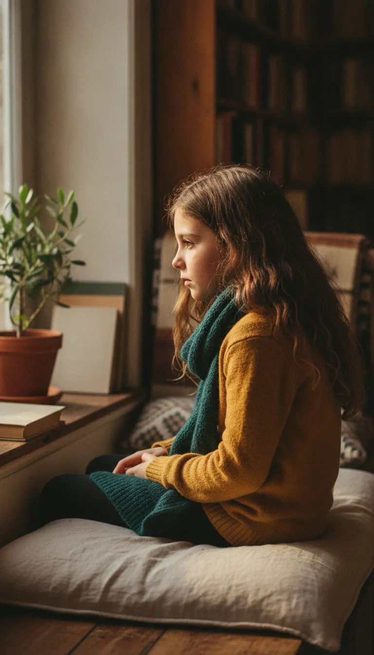 Une fillette assise sur un coussin près d'une fenêtre, seule et pensive