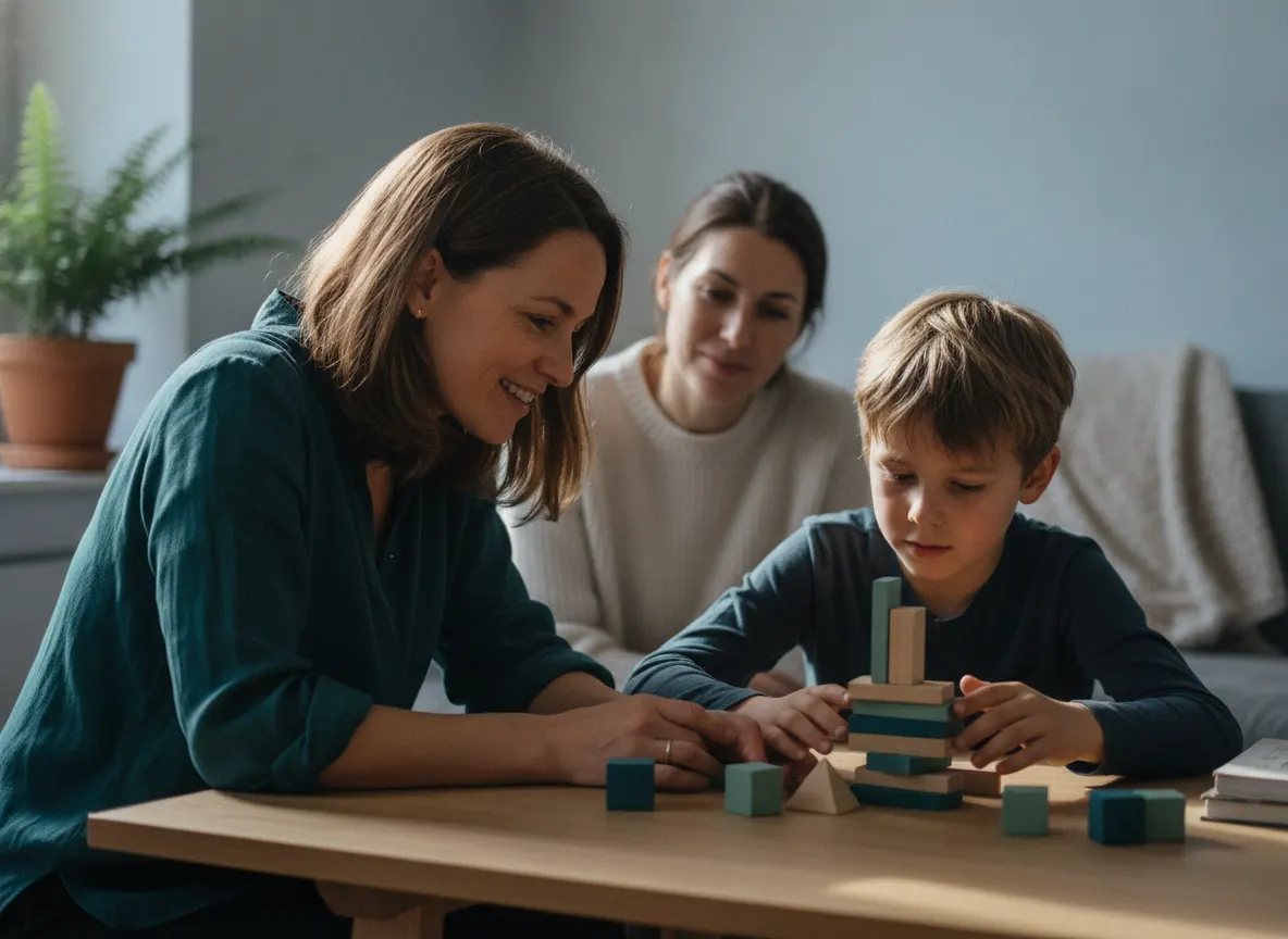 Une praticienne accompagne un enfant pendant une épreuve de cubes, sa mère à ses côtés
