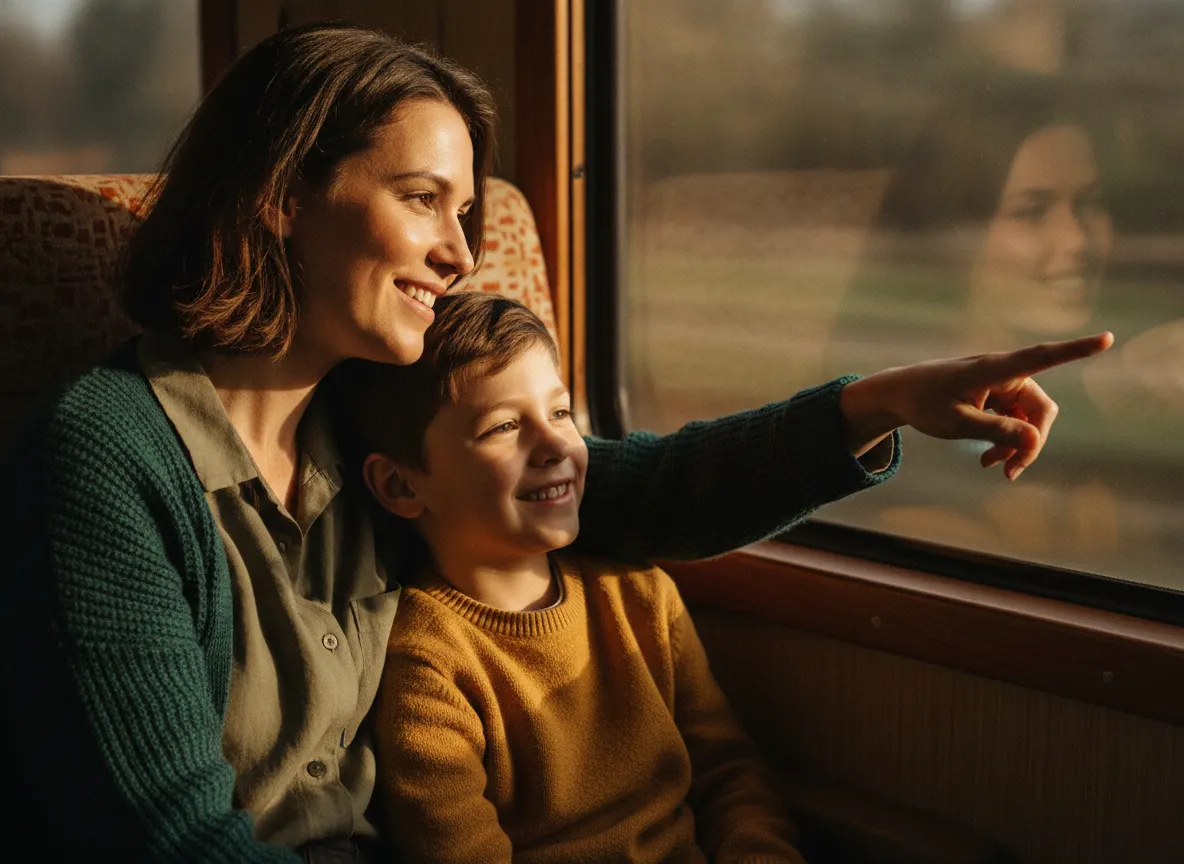 Une mère et son fils côte à côte dans le train, en route vers le centre