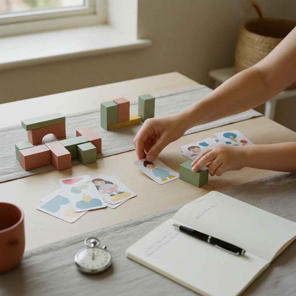 Passation d’un bilan : cubes, cartes imagées et chronomètre posés sur la table du praticien