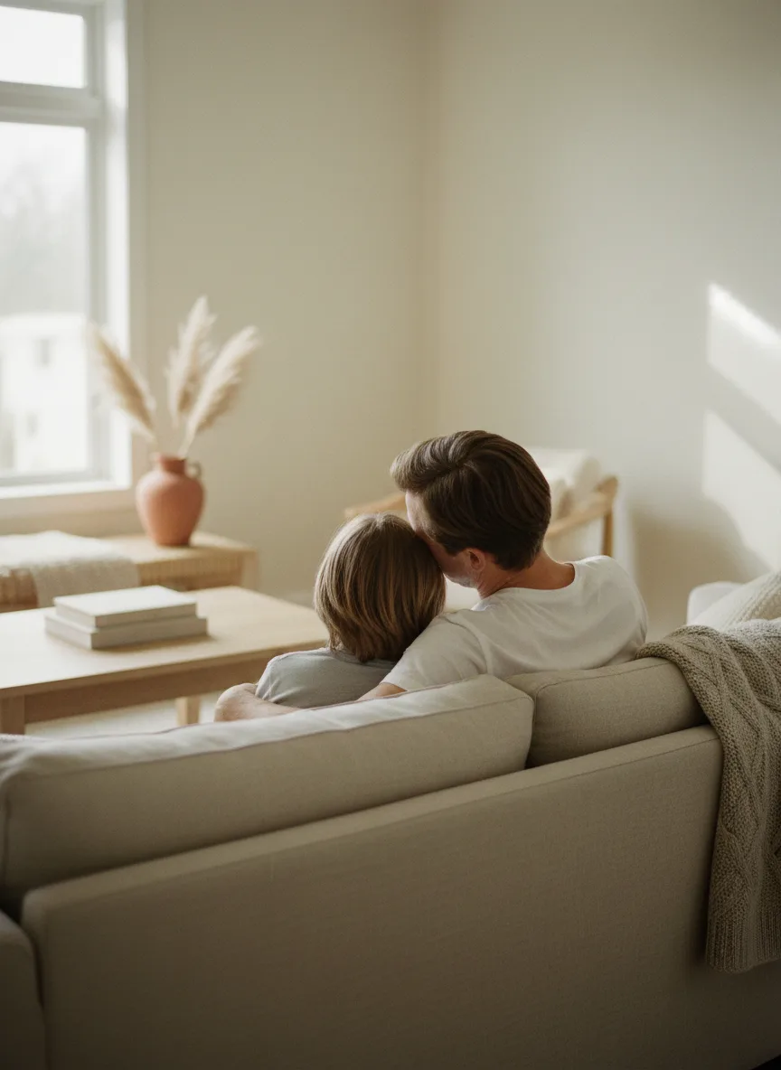 Un parent et son enfant assis côte à côte, dans un moment de complicité