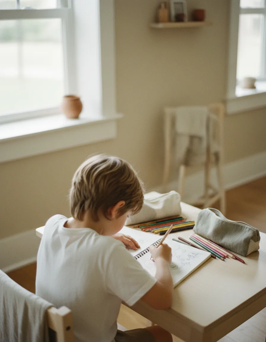 Un enfant concentré sur son cahier à son bureau, illustrant le repérage des troubles du neurodéveloppement