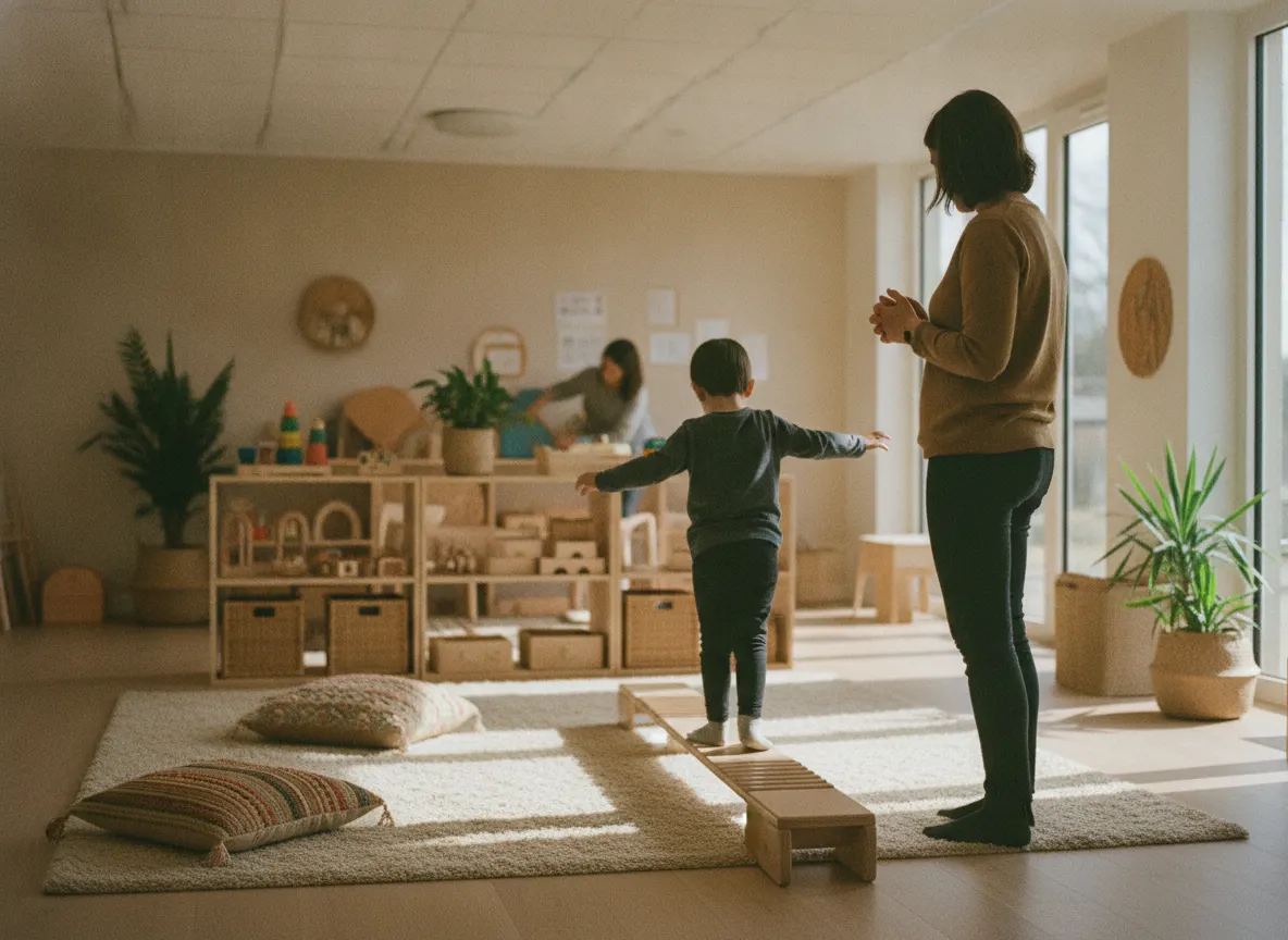 Un enfant en équilibre sur une poutre basse de psychomotricité lors d'une évaluation TSA au Centre de Santé Novadev, Paris 2e